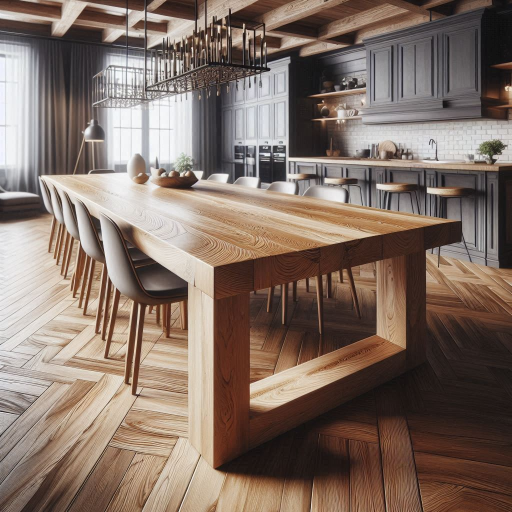 mesa larga de cocina de madera de roble